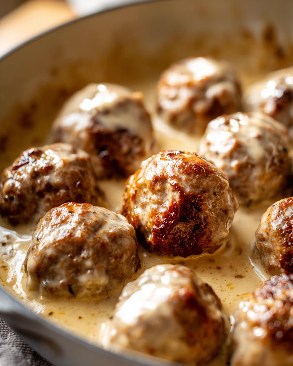 Close-up of juicy Swedish meatballs simmering in a rich, creamy sauce.