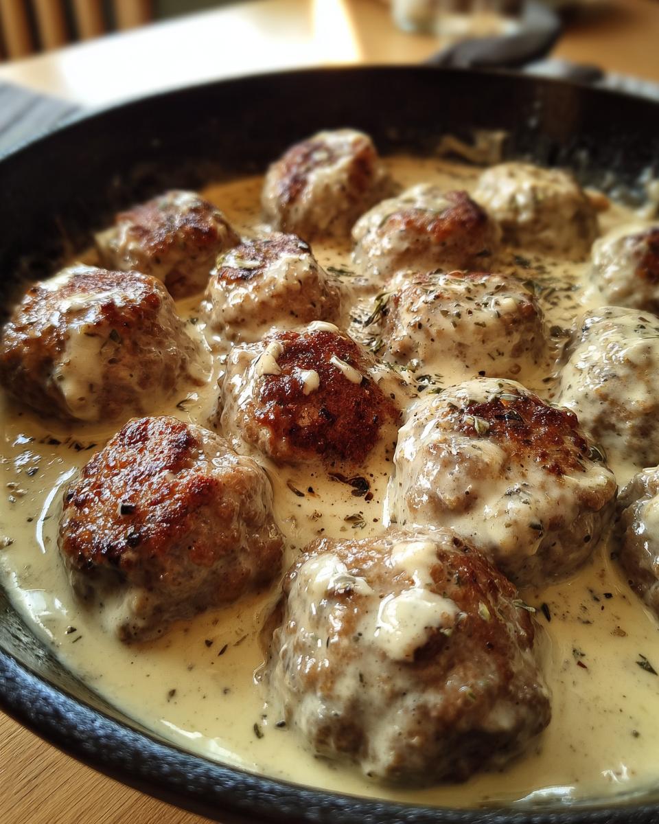 Close-up of delicious Swedish meatballs in a creamy sauce, sprinkled with herbs.