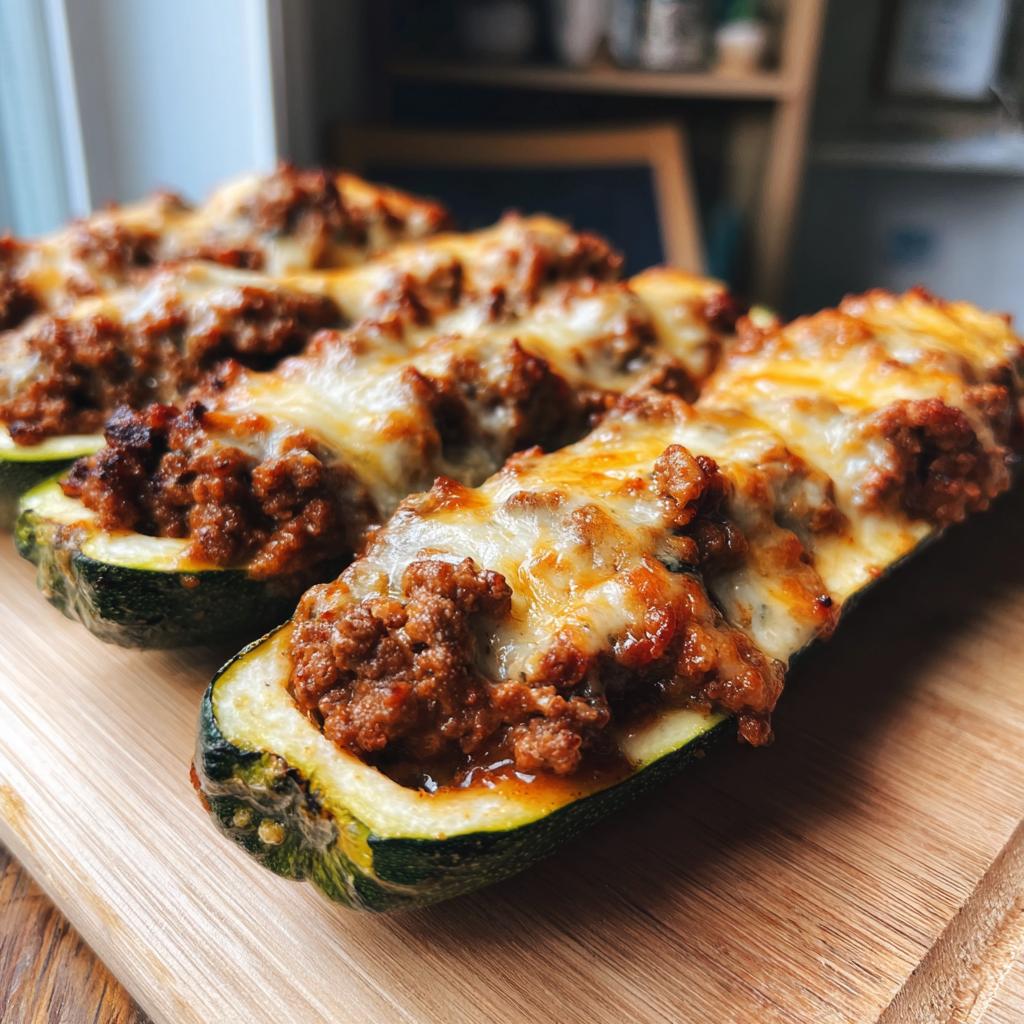 Close-up of delicious ground beef recipes for baked zucchini boats with cheese, topped with melted mozzarella.