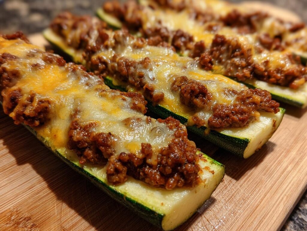 Close-up of baked zucchini boats filled with seasoned ground beef and topped with melted cheese.
