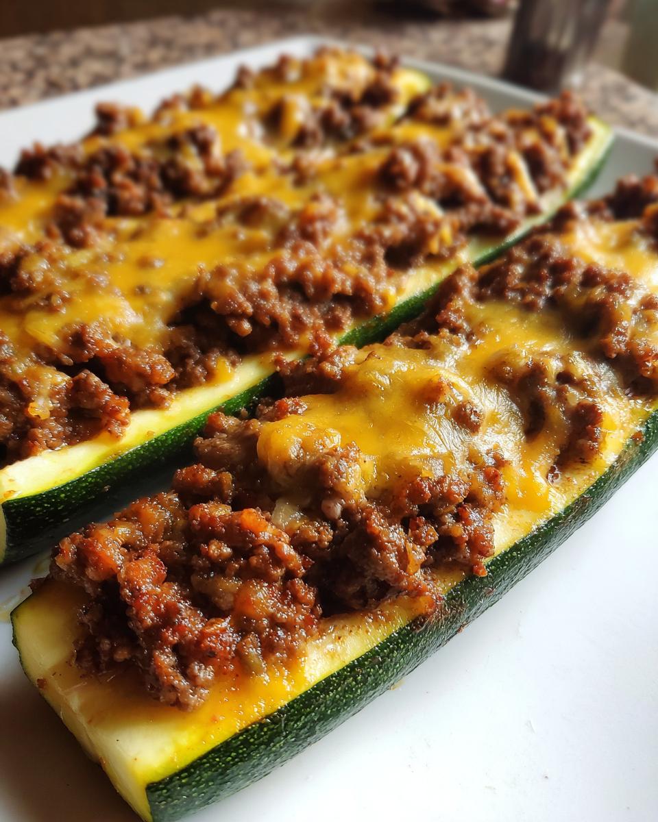 Close-up of baked zucchini boats filled with seasoned ground beef and melted cheese.