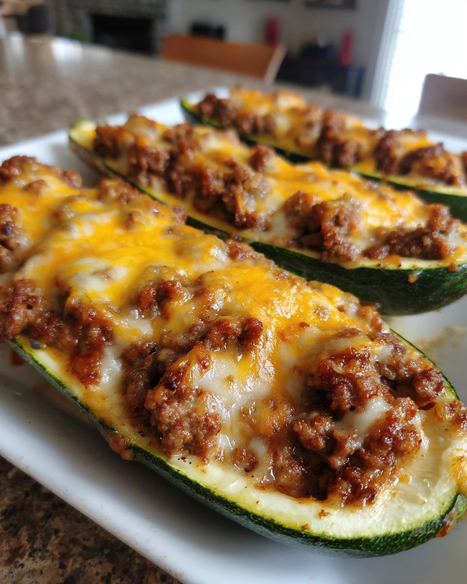 Three baked zucchini boats filled with seasoned ground beef and topped with melted cheddar cheese.