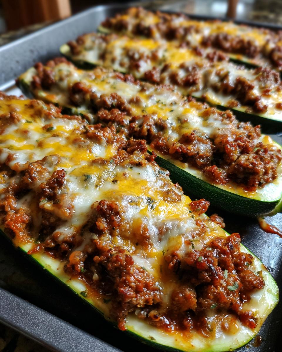Close-up of baked zucchini boats filled with seasoned ground beef and topped with melted cheese.