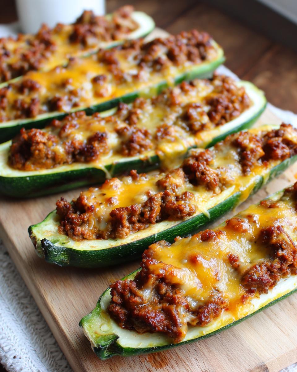 Close-up of baked zucchini boats filled with seasoned ground beef and topped with melted cheese.