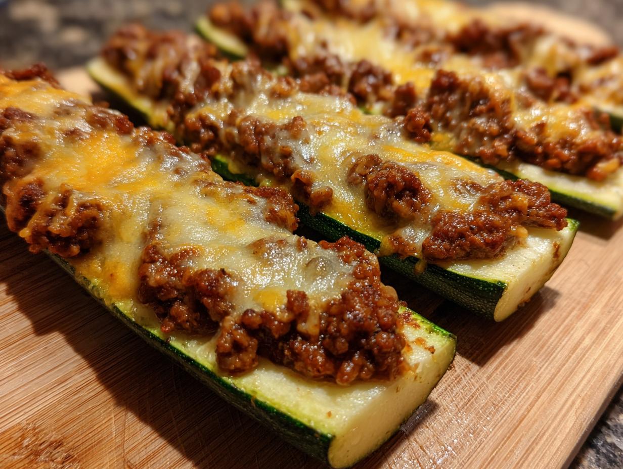 Close-up of baked zucchini boats filled with seasoned ground beef and topped with melted cheese.