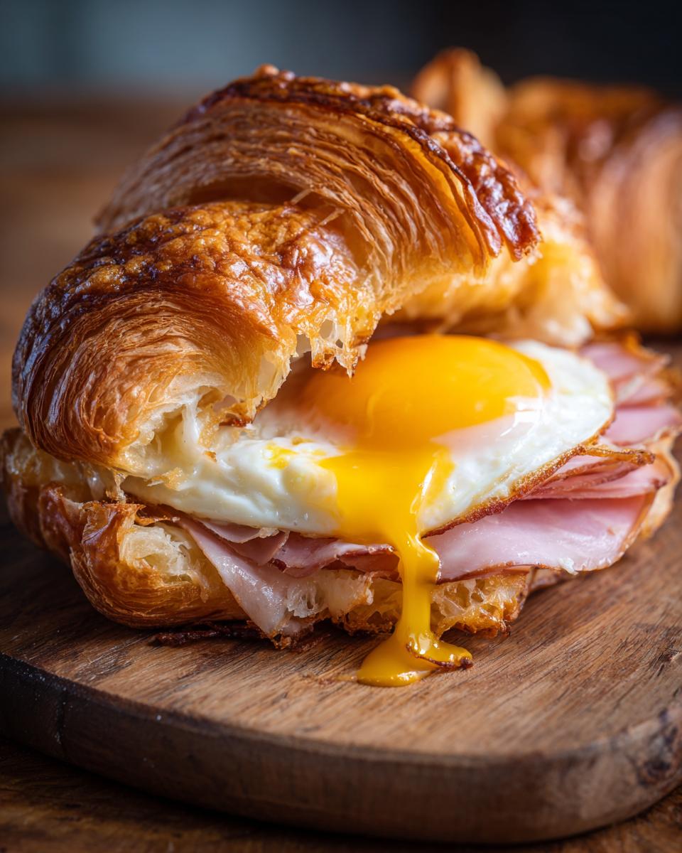 A delicious ham and cheese croissant casserole with a runny fried egg on top.