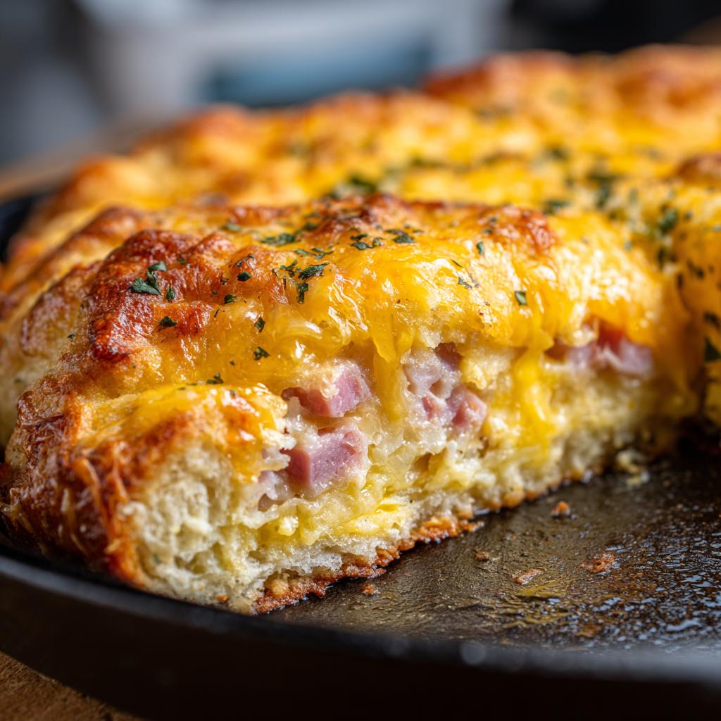 A close-up of a slice of Ham and Cheese Croissant Casserole, showing layers of flaky croissant, ham, and melted cheese.