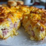A slice of baked Ham and Cheese Croissant Casserole, showing layers of croissant, ham, eggs, and melted cheese.