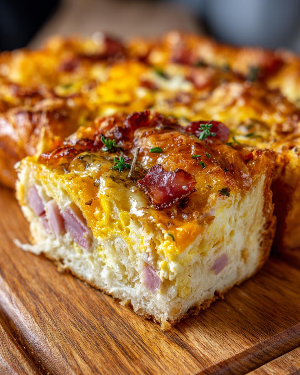 A slice of Ham and Cheese Croissant Casserole on a wooden board, showing layers of croissant, ham, cheese, and egg.