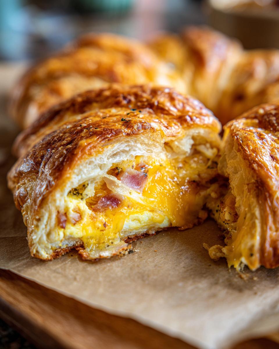 A slice of ham and cheese croissant casserole, showing fluffy eggs, melted cheddar cheese, and diced ham.