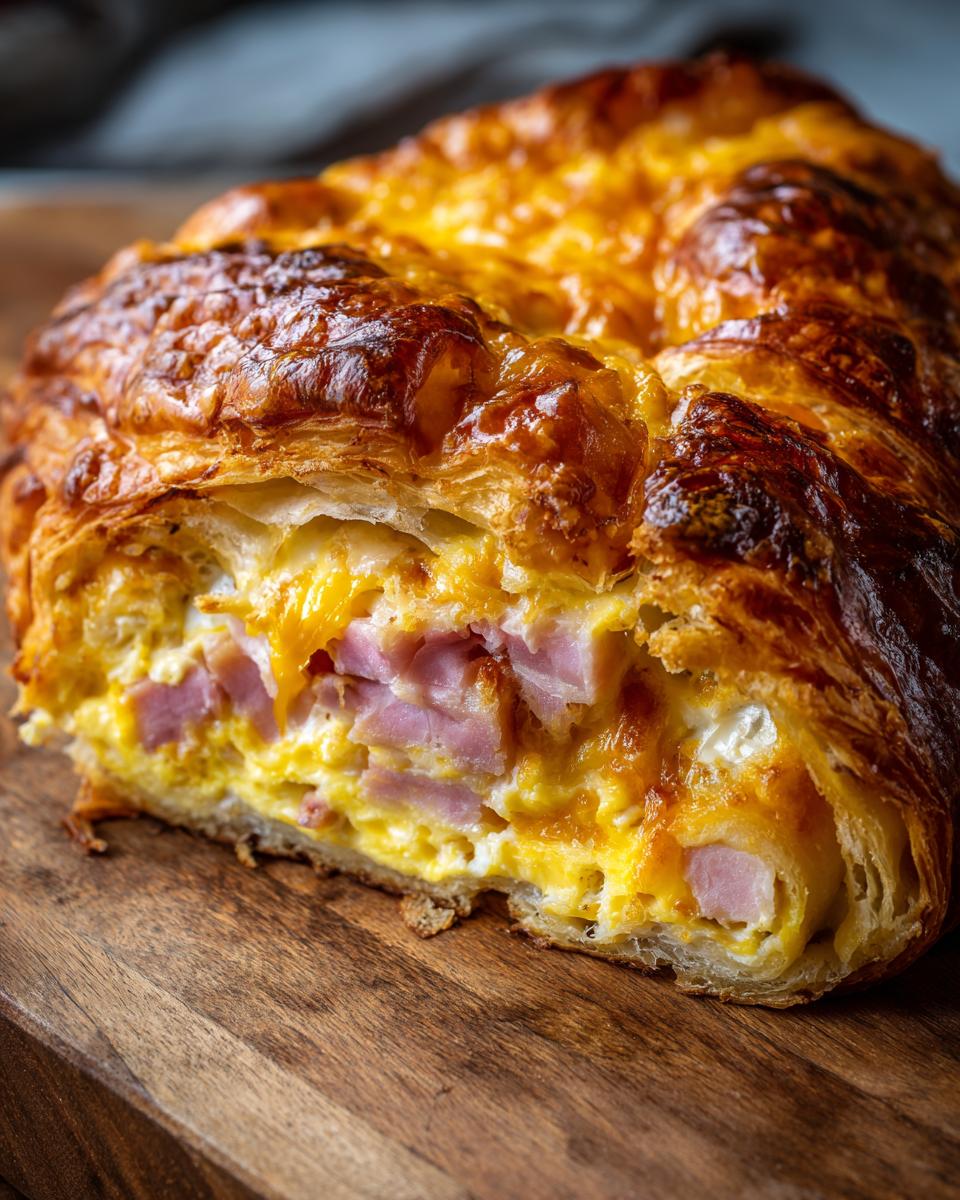 A close-up of a slice of ham and cheese croissant casserole, showing flaky pastry and a rich filling.