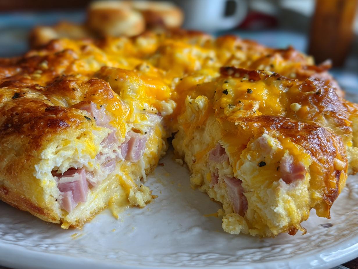 A slice of baked Ham and Cheese Croissant Casserole, showing layers of croissant, ham, eggs, and melted cheese.