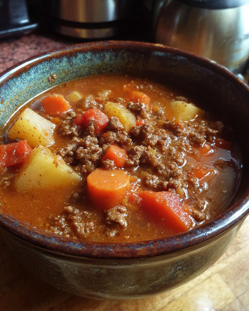 A close-up of a bowl of hearty hamburger soup, featuring ground beef, potatoes, and carrots in a rich broth.