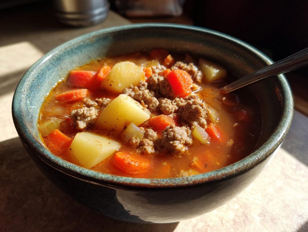 A close-up of a bowl of comforting hamburger soup, featuring ground beef, potatoes, and carrots in a rich broth.