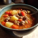 A close-up of a bowl of comforting hamburger soup, featuring ground beef, potatoes, and carrots in a rich broth.