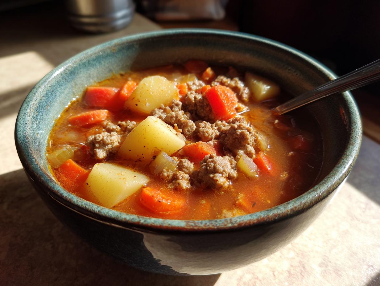 A close-up of a bowl of comforting hamburger soup, featuring ground beef, potatoes, and carrots in a rich broth.