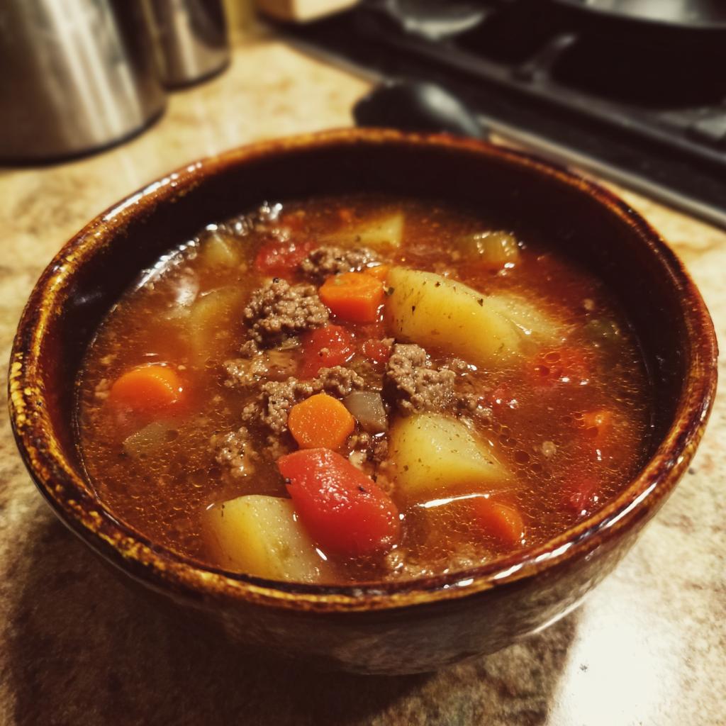 A close-up of a rustic bowl filled with hearty hamburger soup, featuring ground beef, potatoes, carrots, and tomatoes.