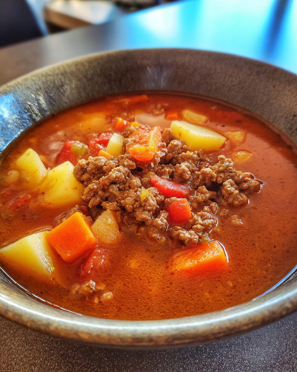 A close-up of a bowl of hearty hamburger soup, featuring ground beef, potatoes, carrots, and tomatoes in a rich broth.