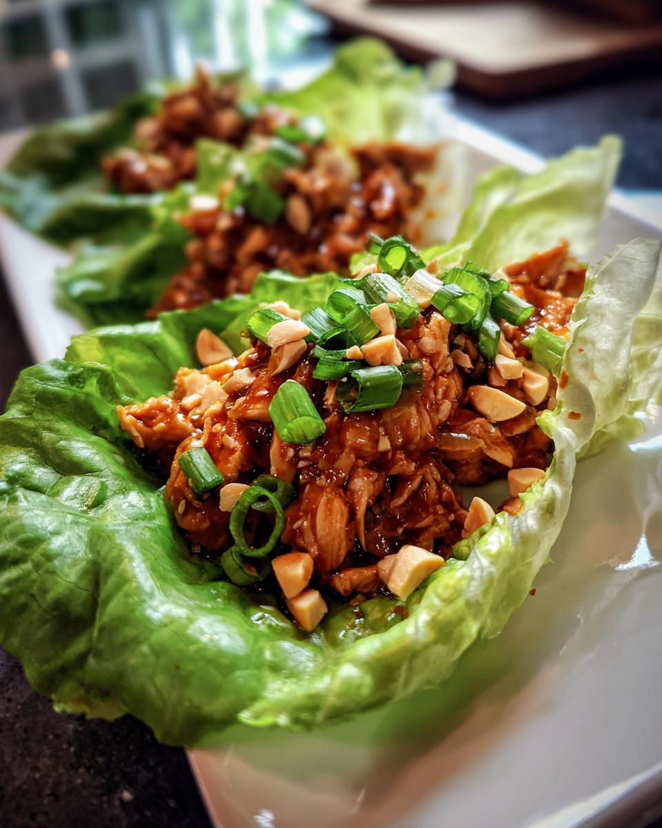 Close-up of fresh chicken lettuce wraps topped with chopped peanuts and green onions, a perfect healthy lunch idea.