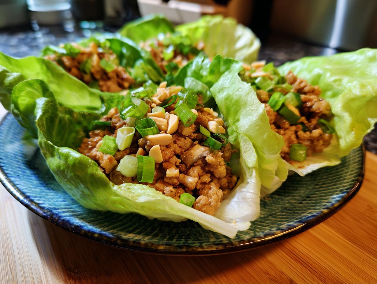 Close-up of fresh chicken lettuce wraps filled with seasoned ground chicken, topped with chopped peanuts and green onions.