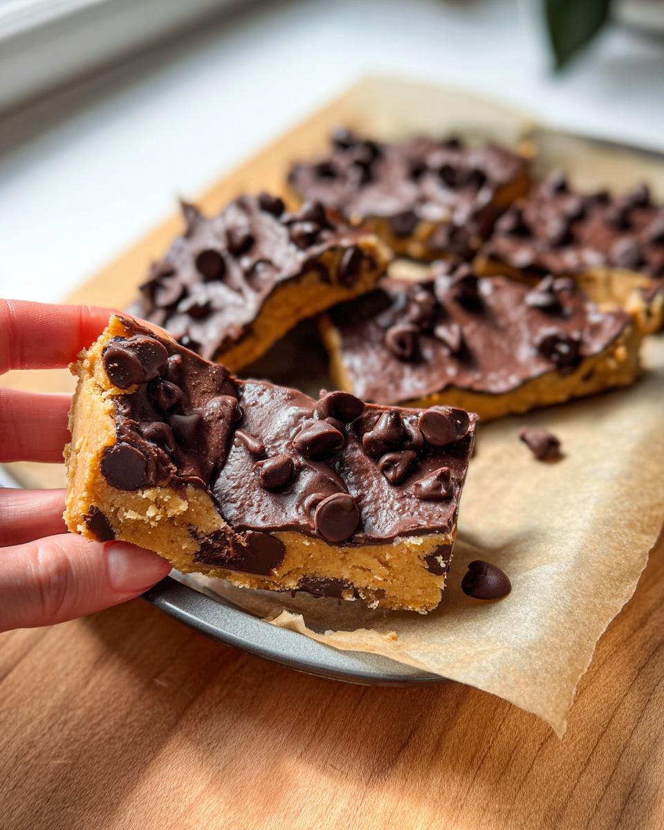 A hand holding a piece of Healthy Cookie Dough Bark topped with melted chocolate and chocolate chips.