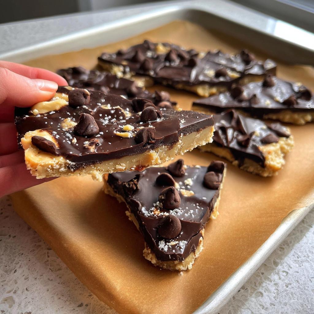 A hand holding a piece of Healthy Cookie Dough Bark topped with chocolate chips and sprinkled with sea salt.