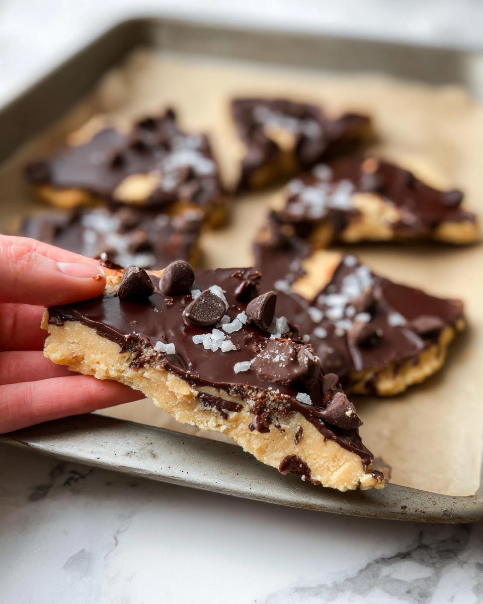 A hand holding a piece of healthy cookie dough bark topped with chocolate chips and sea salt.