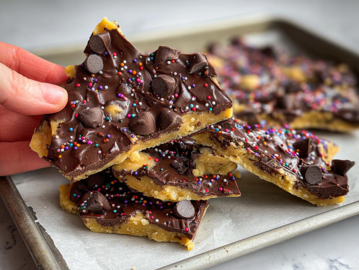 A hand holding a piece of Healthy Cookie Dough Bark, topped with chocolate chips and colorful sprinkles.
