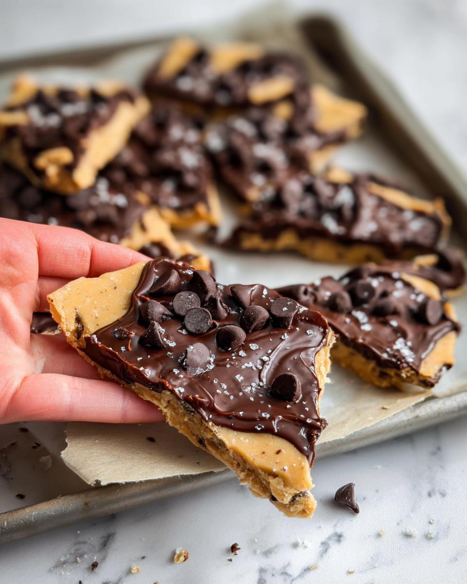 A hand holding a piece of Healthy Cookie Dough Bark topped with melted chocolate and mini chocolate chips.