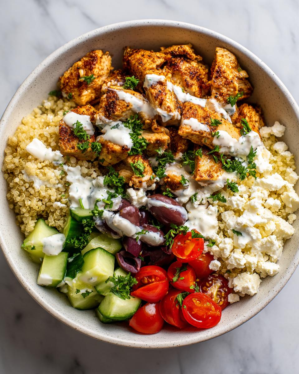 A vibrant Greek chicken bowl with quinoa, grilled chicken, cucumbers, tomatoes, olives, feta, and tzatziki sauce.