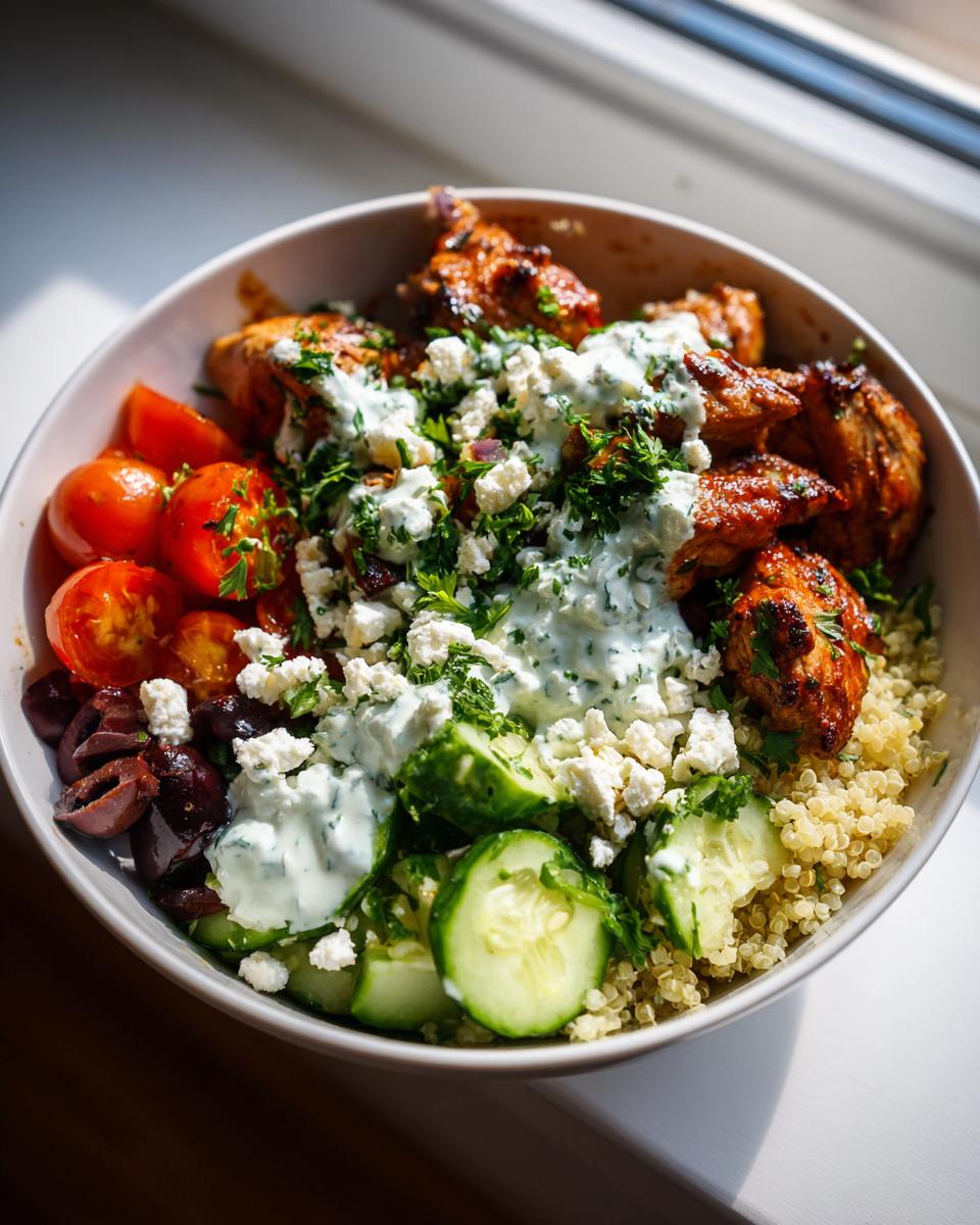 A vibrant and healthy Greek chicken bowl with quinoa, grilled chicken, tomatoes, cucumbers, olives, feta, and tzatziki sauce.