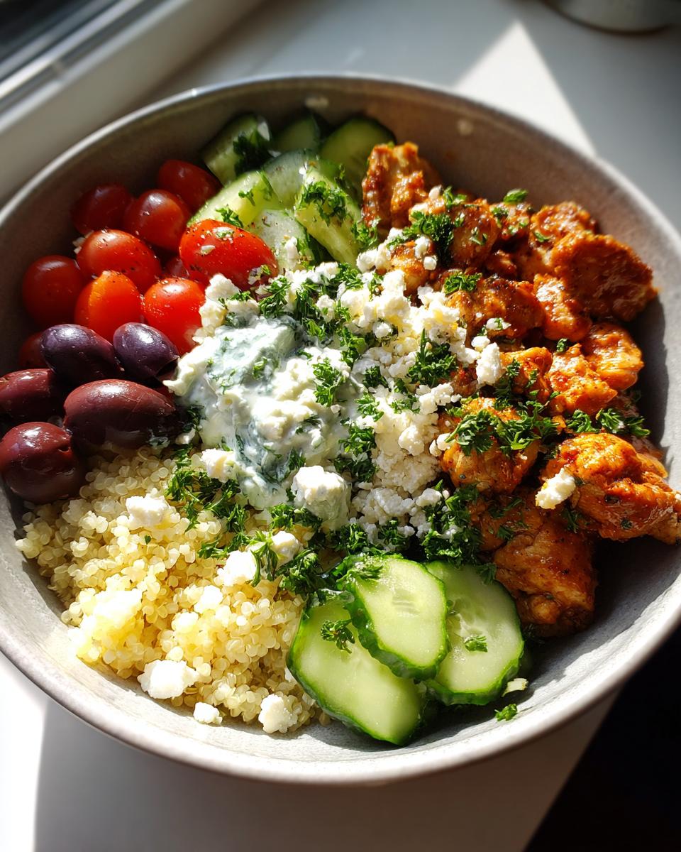 A vibrant and healthy Greek chicken bowl with quinoa, chicken, tomatoes, olives, cucumber, and feta cheese.