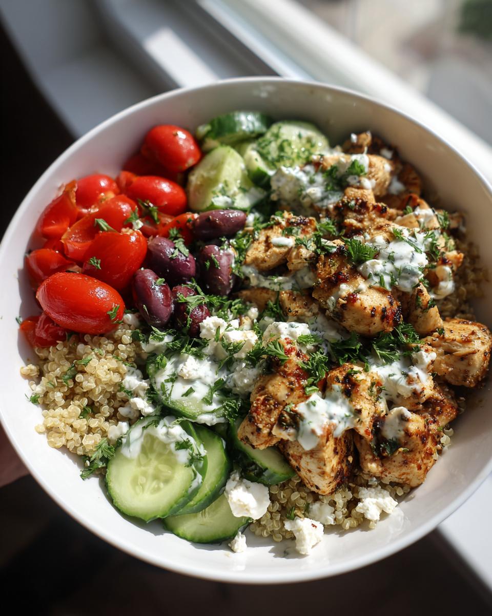 A vibrant bowl filled with quinoa, grilled chicken, cherry tomatoes, olives, cucumber slices, feta cheese, and a creamy yogurt sauce, representing healthy lunch ideas.
