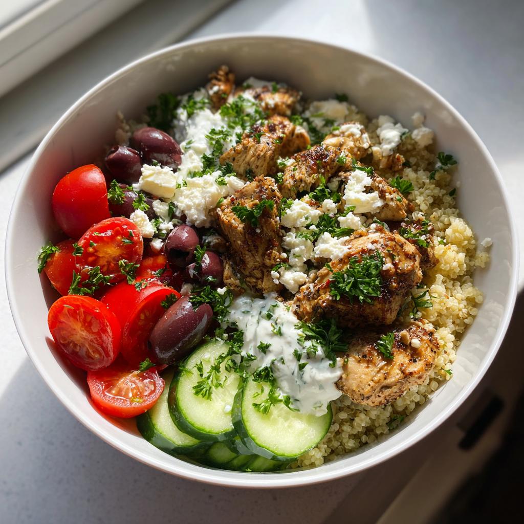 A vibrant Greek chicken bowl filled with quinoa, grilled chicken, tomatoes, olives, cucumber, feta, and tzatziki sauce.