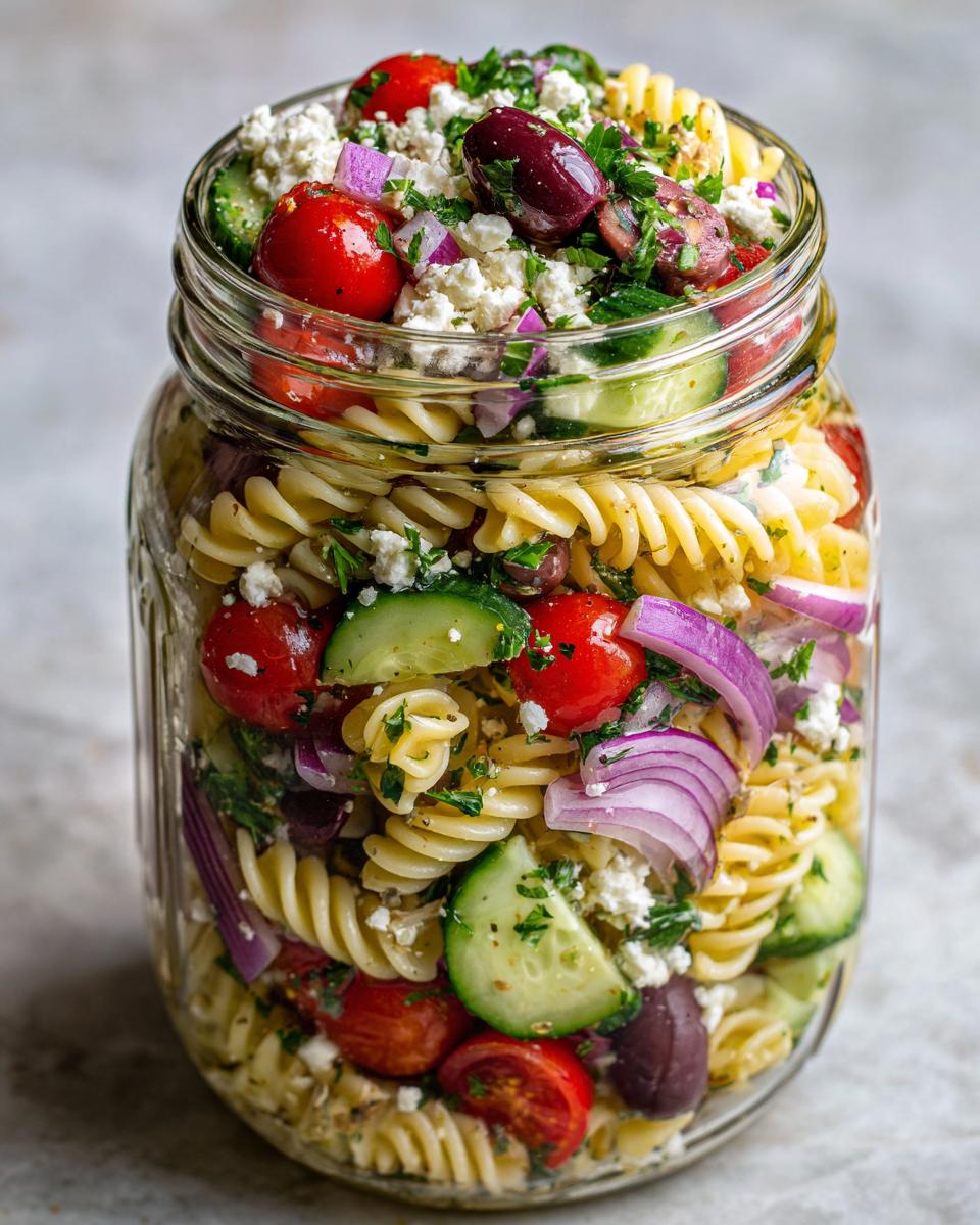 A mason jar packed with healthy Mediterranean pasta salad, featuring fusilli pasta, cherry tomatoes, cucumber, olives, red onion, and feta cheese.