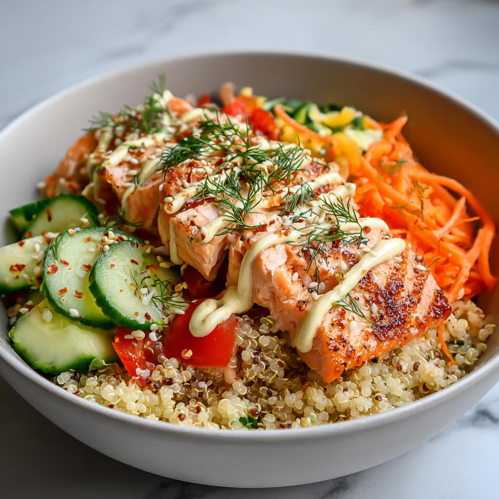 A vibrant and healthy salmon power bowl featuring quinoa, flaked salmon, cucumber slices, shredded carrots, and a drizzle of sauce.