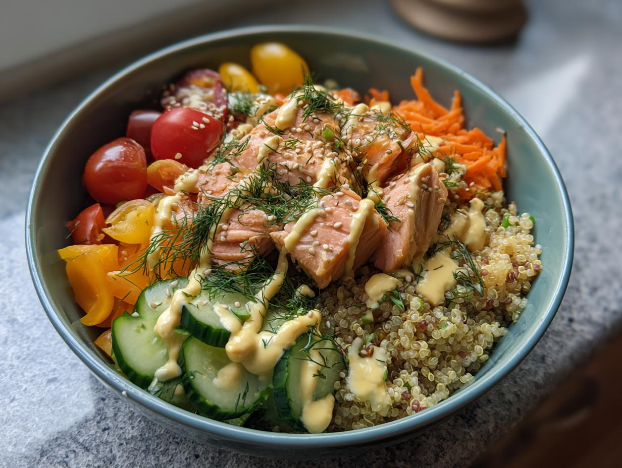 A vibrant and healthy salmon power bowl featuring quinoa, cucumber, tomatoes, shredded carrots, and a creamy dressing.