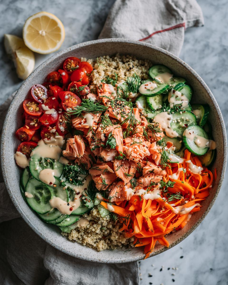 A vibrant and healthy salmon power bowl featuring flaked salmon, quinoa, cherry tomatoes, cucumber, shredded carrots, and a creamy dressing.