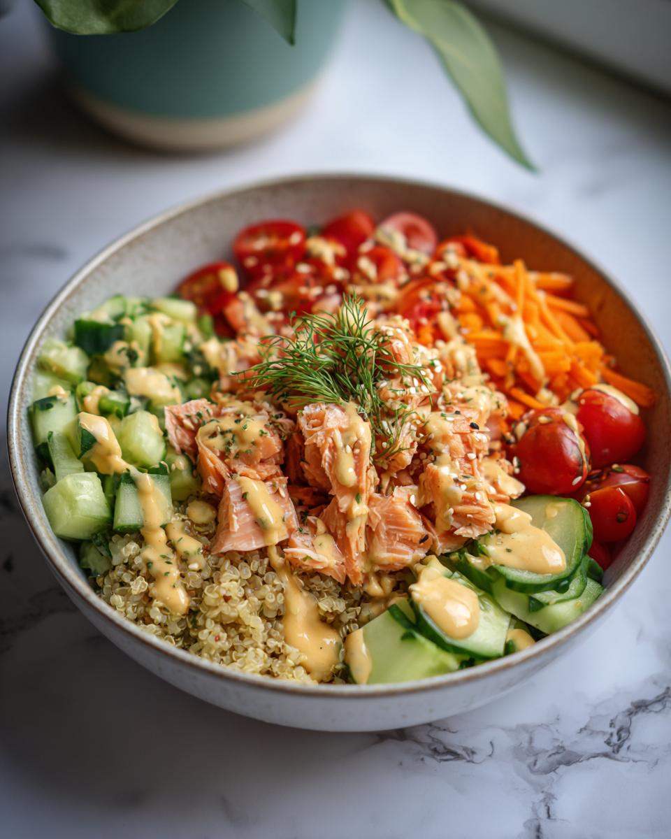A vibrant and healthy salmon power bowl featuring quinoa, flaked salmon, cucumber, cherry tomatoes, and shredded carrots with a creamy dressing.