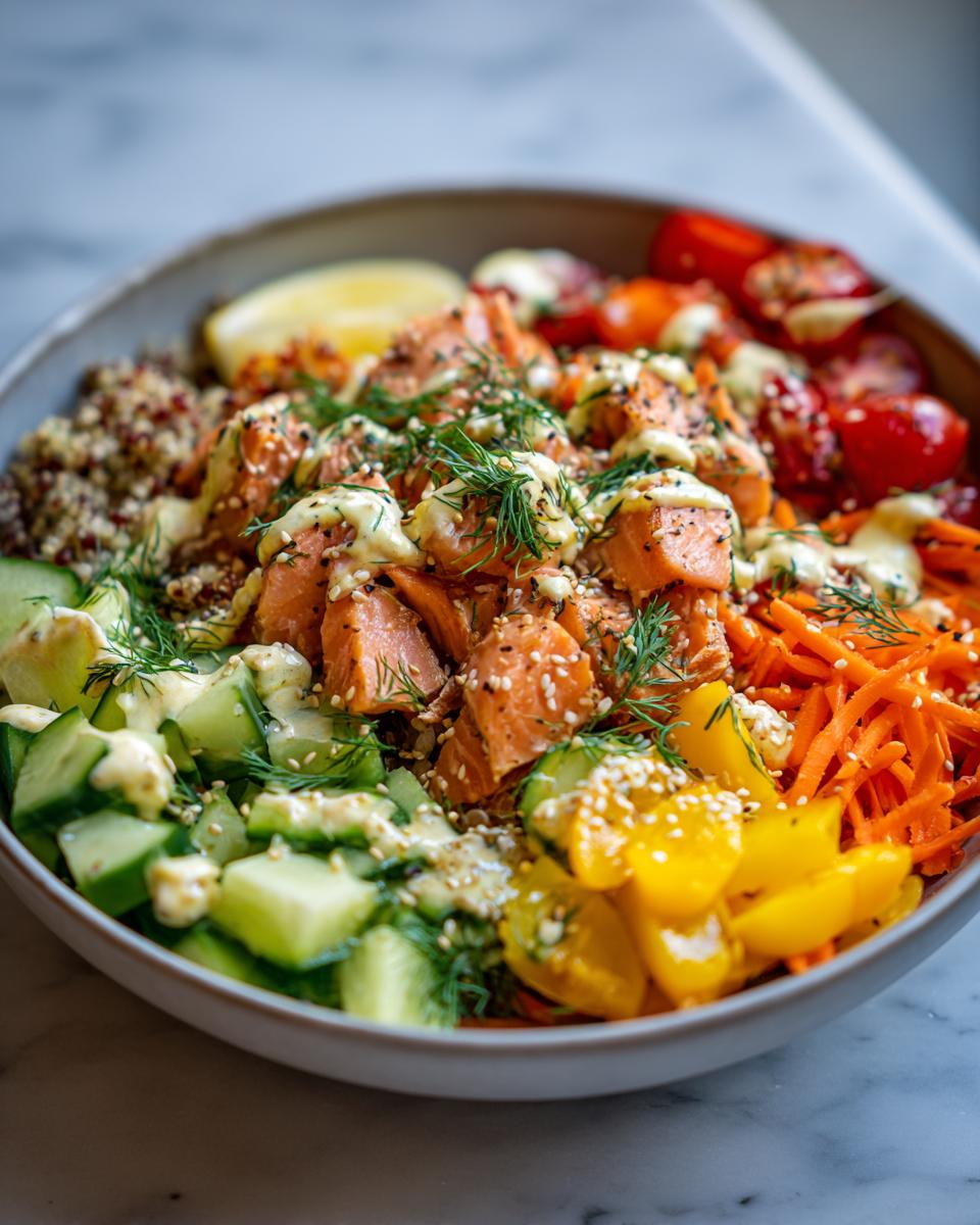 A vibrant and healthy salmon power bowl with quinoa, cucumber, carrots, tomatoes, and a creamy dressing, perfect for healthy lunch ideas.