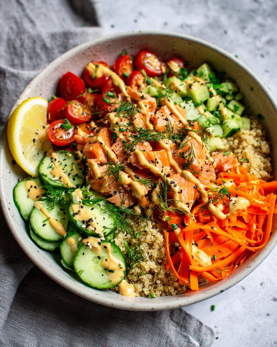 A vibrant and healthy salmon power bowl featuring quinoa, cherry tomatoes, cucumber, shredded carrots, and a drizzle of creamy dressing.