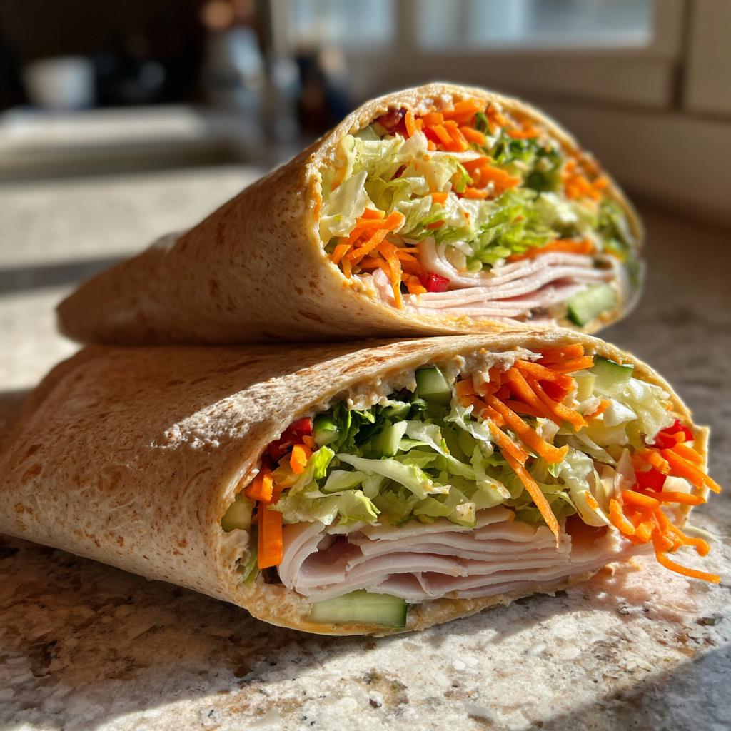 A close-up of two halves of a healthy turkey wrap overflowing with fresh lettuce, shredded carrots, cucumber, and red pepper.