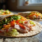 Close-up of a healthy turkey wrap filled with shredded turkey, lettuce, cucumber, and shredded carrots.