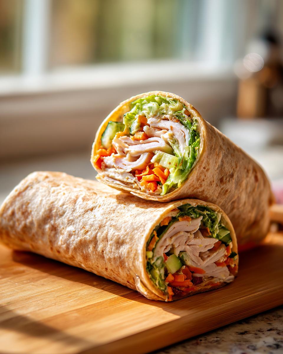 Close-up of two halves of a healthy turkey wrap filled with sliced turkey, shredded carrots, cucumber, and lettuce.