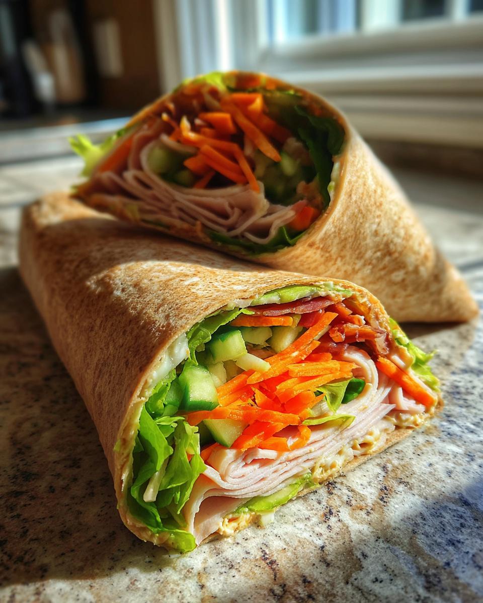 A close-up of two halves of a healthy turkey wrap filled with sliced turkey, lettuce, cucumber, and shredded carrots.