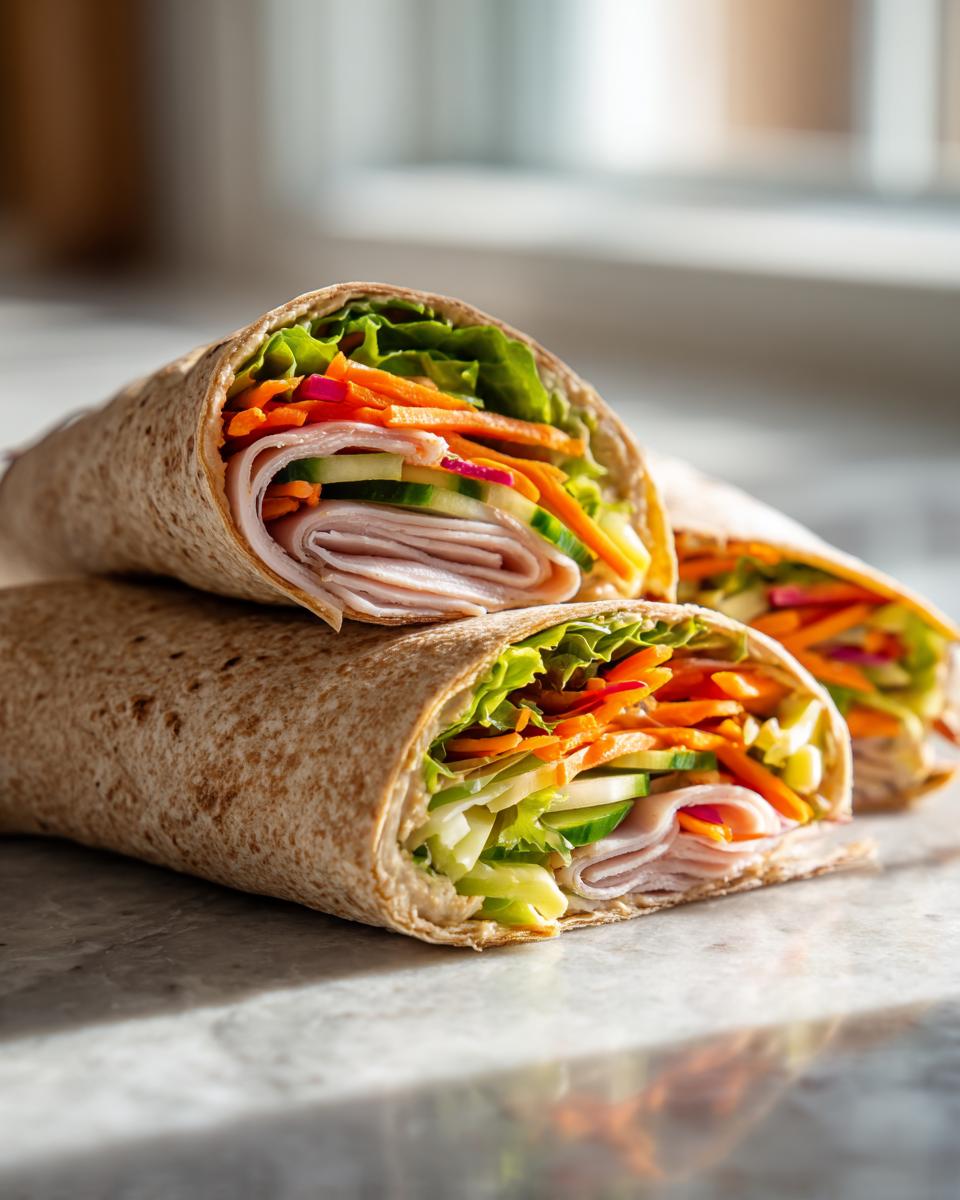 Close-up of healthy turkey wraps filled with lettuce, shredded carrots, cucumber, and red onion.