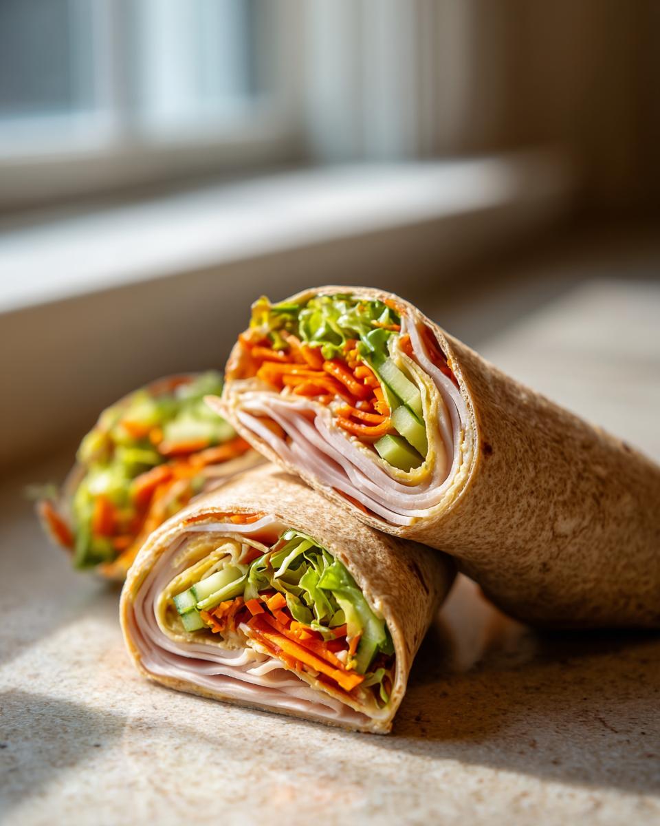 Close-up of two halves of a healthy turkey wrap filled with turkey, lettuce, shredded carrots, and cucumber.