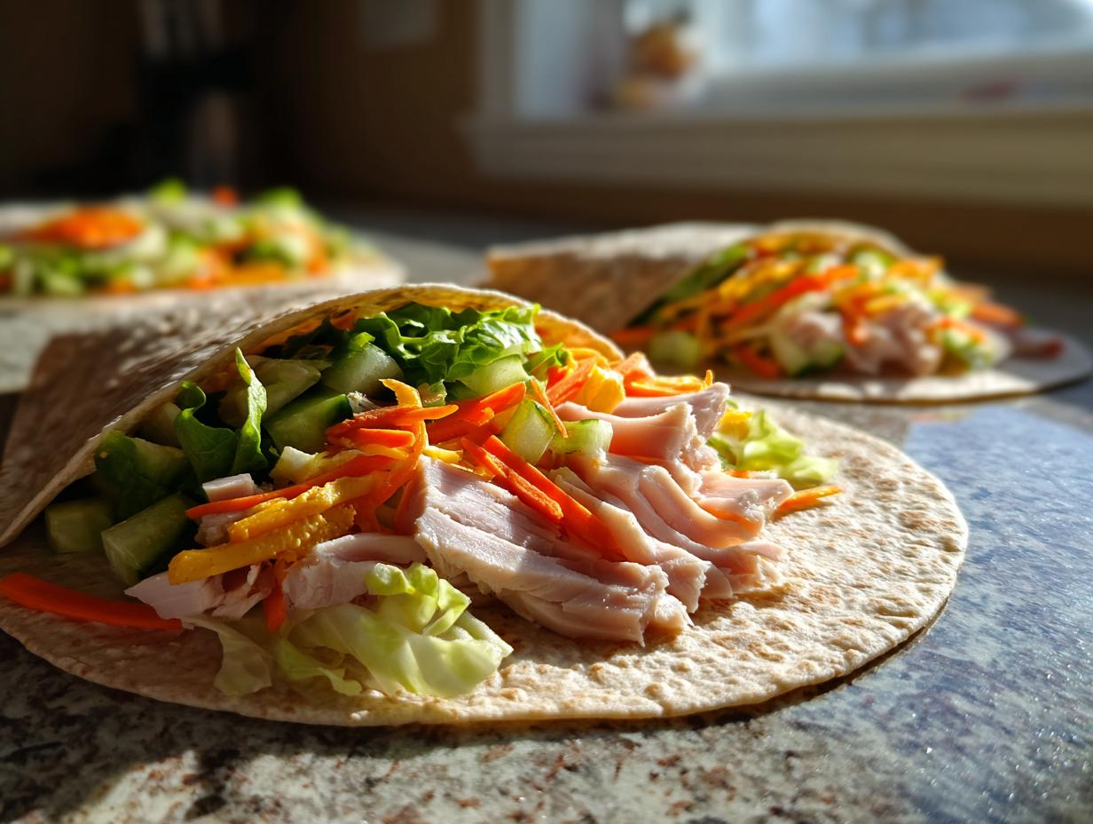 Close-up of a healthy turkey wrap filled with shredded turkey, lettuce, cucumber, and shredded carrots.