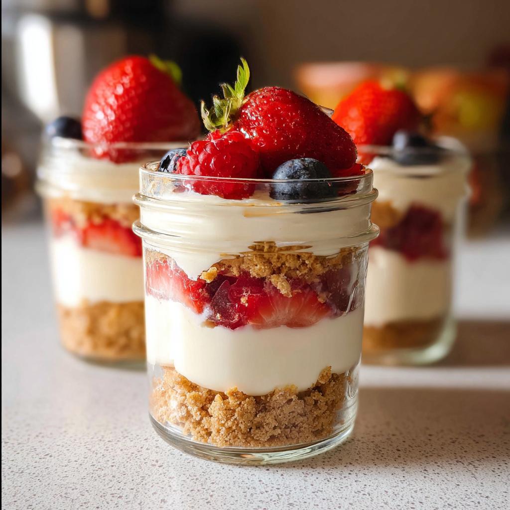 Close-up of a High Protein Cheesecake Jar layered with graham cracker crumbs, cream cheese filling, strawberries, and topped with fresh berries.