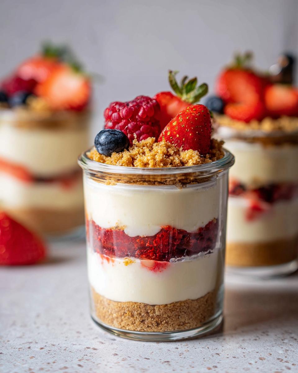 Close-up of a High Protein Cheesecake Jar layered with creamy filling, berry compote, and a crumble topping, garnished with fresh berries.